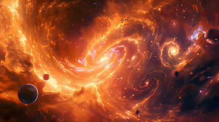 Wall Mural - A spiral galaxy with a bright yellow center and a bunch of planets surrounding it. 
