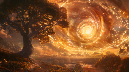 Wall Mural - A spiral galaxy with a bright yellow center and a bunch of planets surrounding it. 
