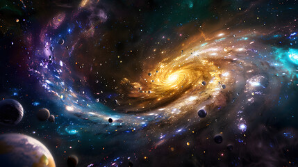Wall Mural - A colorful space scene with two black holes in the center. 