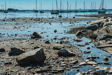 A photograph of rocks and debris covering the ground at low tide in Boston's Dorchester Bay harbor