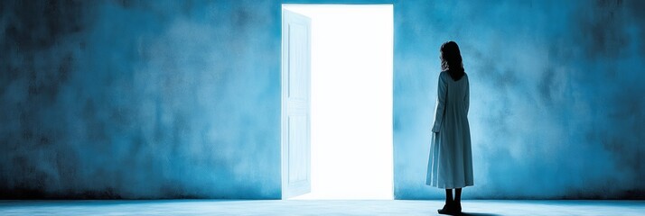 A person in a white dress gazes at a glowing doorway in a shadowy space, evoking feelings of mystery and anticipation