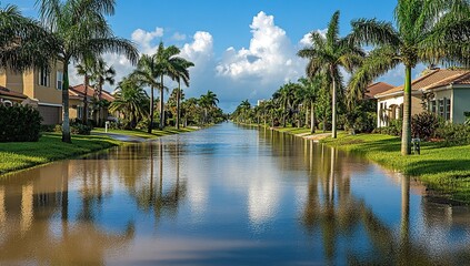 A photo of the flooded street in Florida, with palm trees and houses on both sides of the road