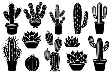 Wall Mural - various cactus black silhouette vector ,monochrome, Silhouette design, flat design