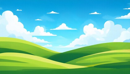 Canvas Print - summer fields hills landscape green grass blue sky with clouds flat style cartoon painting illustration generative ai