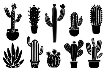 Wall Mural - various cactus black silhouette vector ,monochrome, Silhouette design, flat design