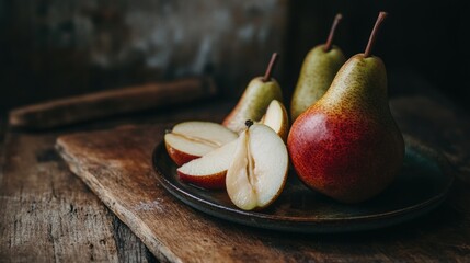 Fresh pear fruit cut on cutting board with knife