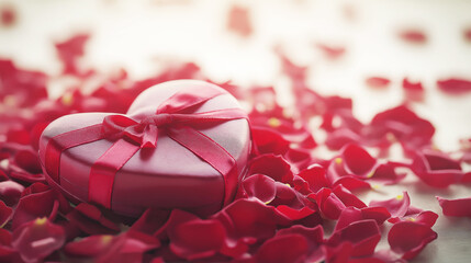 Heart-shaped red gift box with ribbon surrounded by scattered rose petals, symbolizing romance and love in a soft, dreamy light