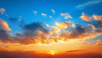 Poster - a painting of a sunset with a blue sky and orange clouds