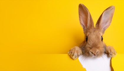 bunny peeking on yellow background with copy space