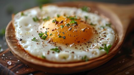 Wall Mural - A perfectly cooked fried egg with a runny yolk, seasoned with black pepper and parsley, resting in a wooden spoon on a rustic wooden surface.