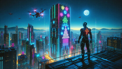 A superhuman stands toward a future tower structure in the next 1000 years