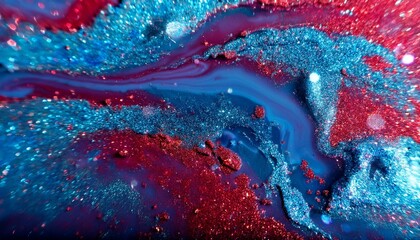 Wall Mural - glitter ink splash fluid spill defocused blue red color shimmering texture acrylic liquid paint flow abstract art background generative ai