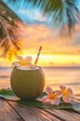© rabbit75_fot - Tasty coconut drink with straw in hot tropical summer at sunset beach
