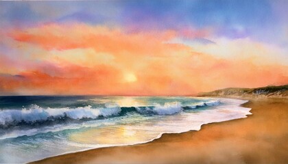 Wall Mural - watercolor painting of a coastal scene including rolling waves sandy beaches and a colorful sky at sunrise or sunset