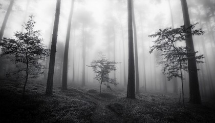 Wall Mural - misty forest in the fog wallpaper black and white