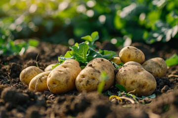 A bunch of potatoes are sitting on the ground in a field