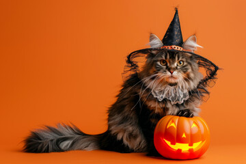 Wall Mural - A cat wearing a witch's hat and holding a pumpkin