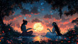 © White_Us - Scenic cartoon painting style illustration of Lord Krishna playing flute for the Radha Rani under the Moonlight
