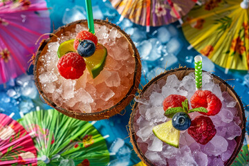 Wall Mural - Two tropical drinks with raspberries and limes on top