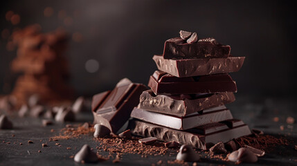 A pile of chocolate bars with some chocolate chips on the ground