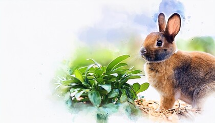 cool bunny rabbit easter with plant with watercolor style ai generated image