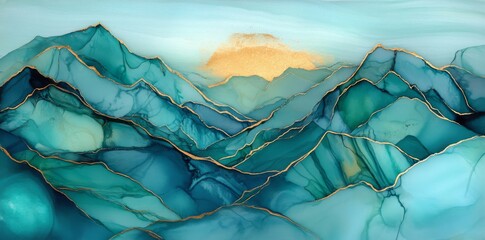 With flowing blue and green hues, gold accents, and a sense of depth, this abstract ink painting will mesmerize you