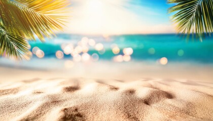 beach holiday sand and defocused palm leaves in sunny abstract seascape with glittering in ocean