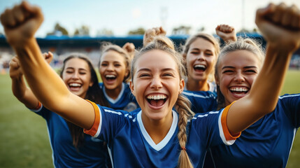 Group of enthusiastic female soccer players celebrating a victory on the field, wearing blue uniforms and showing team spirit.