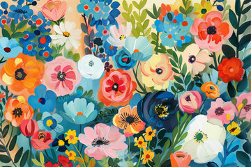 Wall Mural - A painting of a field of flowers with a blue sky in the background