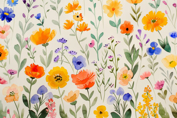 Wall Mural - A painting of a field of flowers with a variety of colors