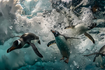 Wall Mural - Three penguins are swimming in the ocean, one of which is splashing water