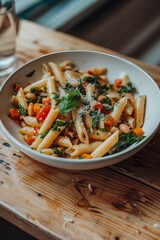 Delicious vegetable penne pasta served in a rustic bowl on a wooden table, highlighting fresh ingredients and vibrant colors