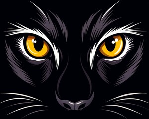 Wall Mural - black and white cat. silhouette of a hand-drawn muzzle, with burning eyes, a panther cat in color on a black background