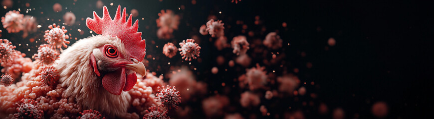 Close-up of a chicken surrounded by virus-like particles, representing a conceptual image of avian influenza or bird flu.