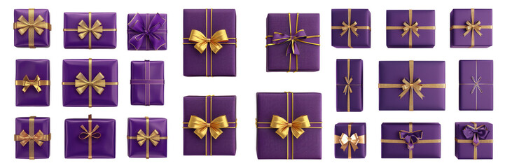 Purple gift box with golden ribbon isolated on transparent background, set of three