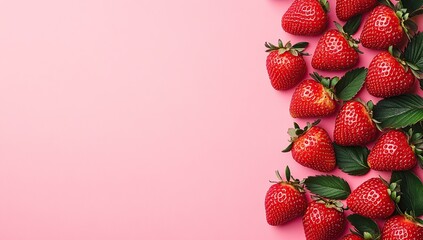 A pink background with strawberries on the right side, creating an empty space for text or design