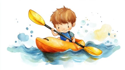 Wall Mural - Cute cartoon charactor of a boy kayaking in water