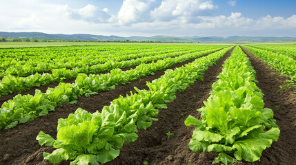 Lush green lettuce fields under a blue sky, showcasing extensive and healthy vegetable agriculture in a rural environment.