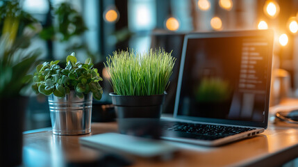 Wall Mural - a laptop with grass sprouting from the keyboard sits on a desk surrounded by potted plants, represen