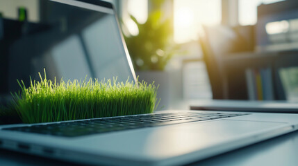 Wall Mural - a laptop with vibrant green grass growing between the keys, set in an airy, open-plan office filled 