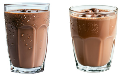 Chocolate Milk Refreshment: Two tall glasses of chocolate milk, one with ice cubes, isolated on transparent background. The condensation on the glass creates a refreshing visual. 