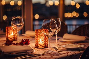 Elegant table setting with candles in restaurant. Selective focus. Romantic dinner setting with candles on table in restaurant.