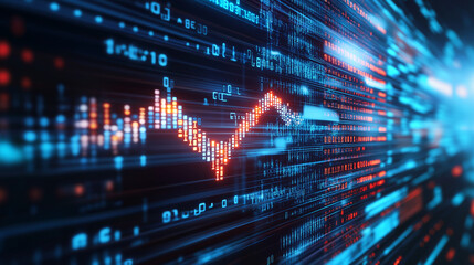Wall Mural - a digital up arrow composed of binary code, emerging from a matrix-like background, representing tec