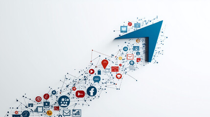 An up arrow constructed from interconnected social media icons, on a plain white background, symbolizing the success and growth of digital marketing strategies.