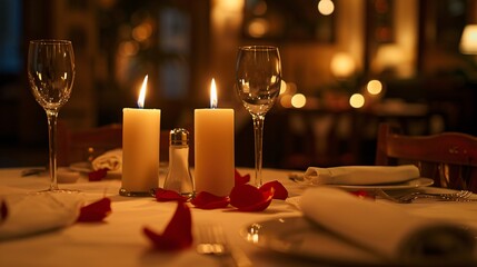 Canvas Print - Elegant table setting with candles in restaurant. Selective focus. Romantic dinner setting with candles on table in restaurant.