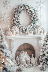 A festive fireplace features a white wreath adorned with ornaments, surrounded by miniature Christmas trees and snow-covered decorations.