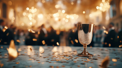 the gold winner's cup is placed on a polished marble surface with a blurred banquet hall background,