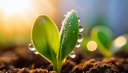 a beautiful macro closeup image of small green natural growing plant sprout bud with water drops on its leaves