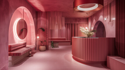 Wall Mural - Pink interior with pink fitting rooms and waiting areas. Design concept.