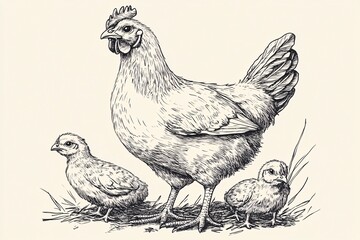 Hand-Drawn Illustration of Hen with Chicks in Grass